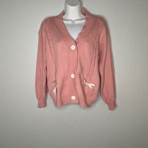 Pink Knitted Cardigan Women's V-Neck Sweater Cute Bow Heart Korean JK School Uni